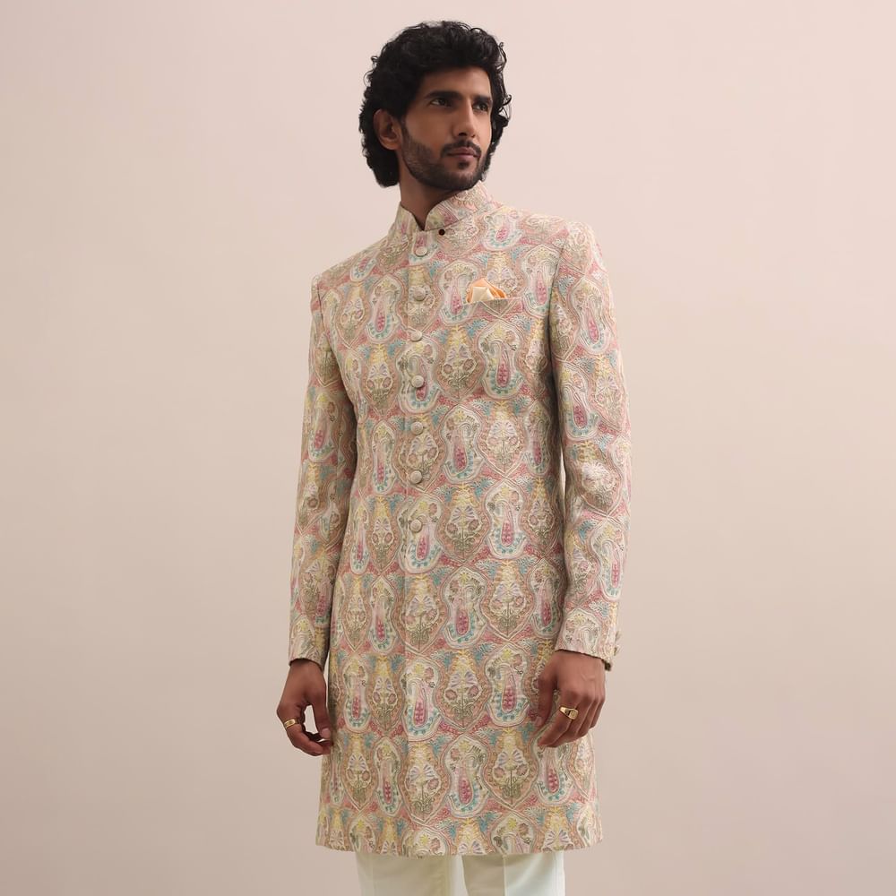 Peach Silk Jodhpuri Suit In Threadwork For Men
