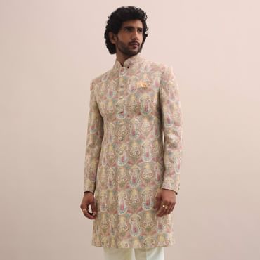 Peach Silk Jodhpuri Suit In Threadwork For Men