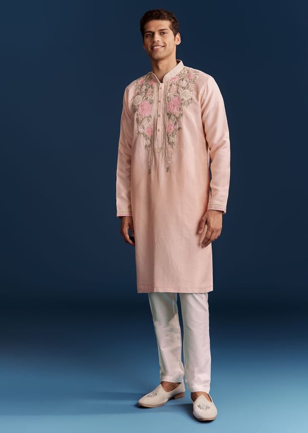 Peach Silk Kurta With Floral Resham Thread And Embroidery