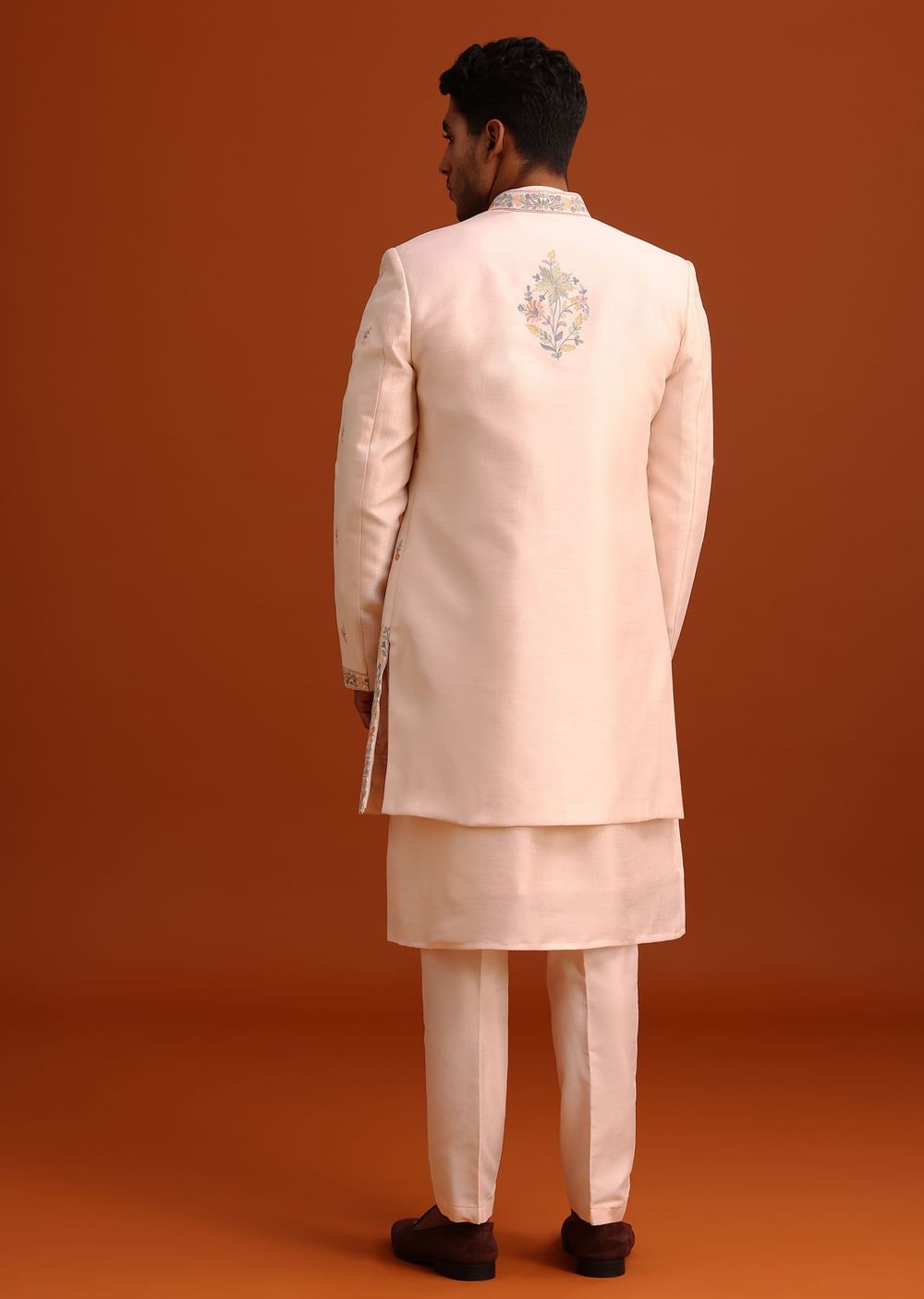 Peach Thread Embroidered Cotton Silk Sherwani Set