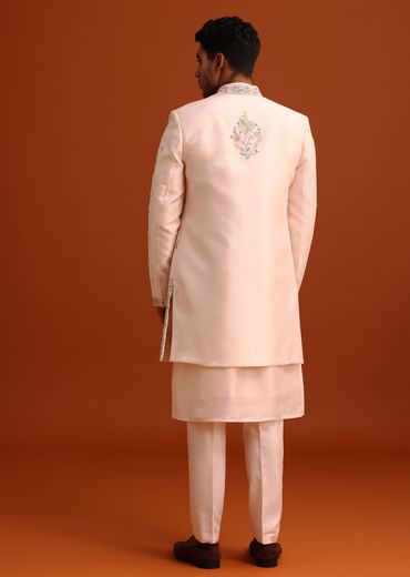 Peach Thread Embroidered Cotton Silk Sherwani Set
