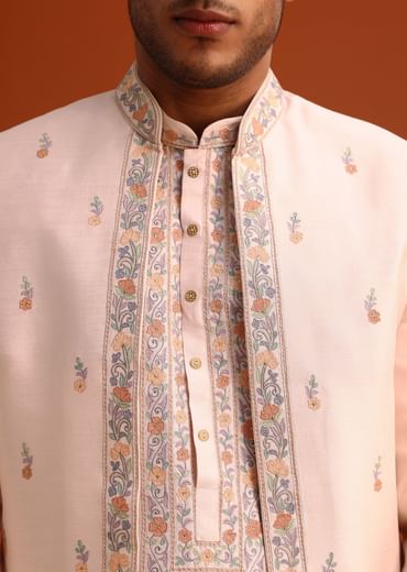 Peach Thread Embroidered Cotton Silk Sherwani Set