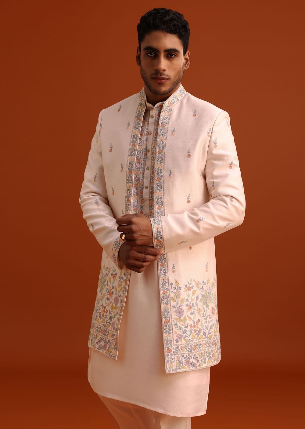 Peach Thread Embroidered Cotton Silk Sherwani Set