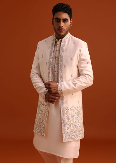 Peach Thread Embroidered Cotton Silk Sherwani Set