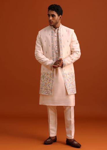 Peach Thread Embroidered Cotton Silk Sherwani Set