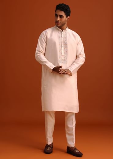 Peach Thread Embroidered Cotton Silk Sherwani Set
