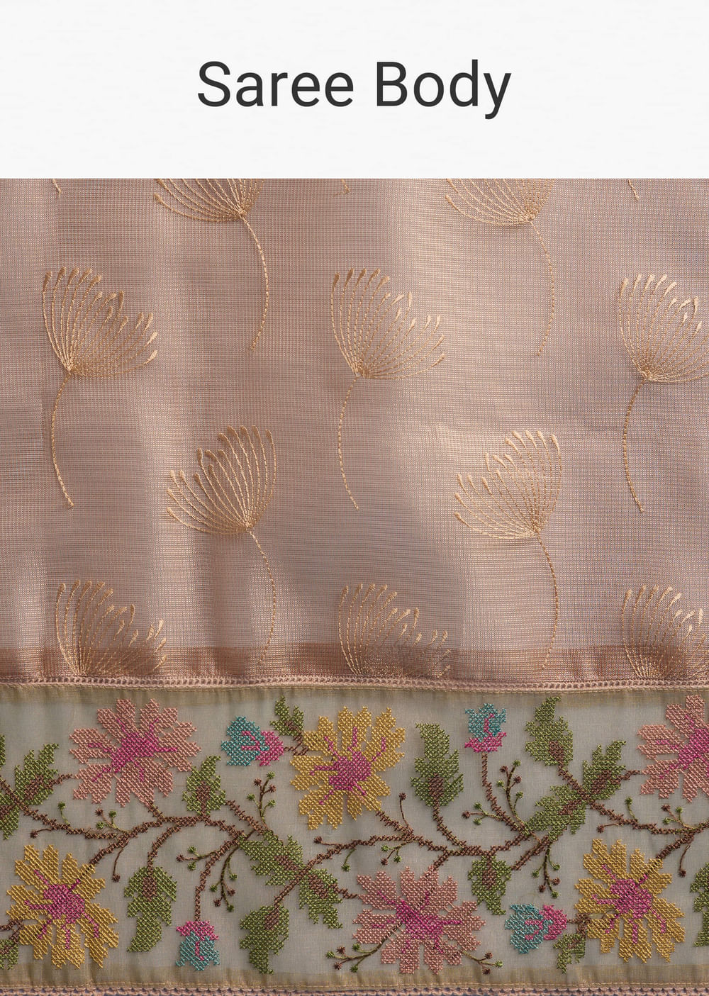 Peach Tissue Chanderi Silk Saree With Floral Resham Work