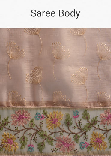 Peach Tissue Chanderi Silk Saree With Floral Resham Work