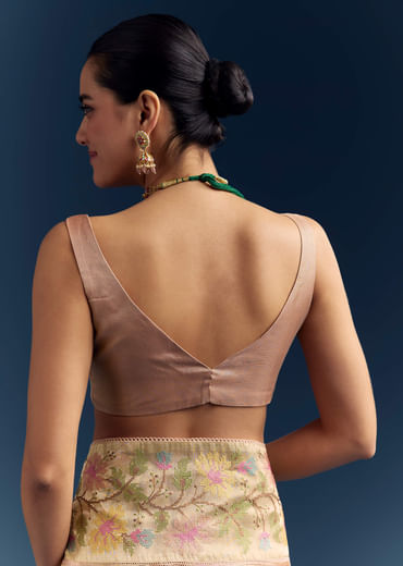 Peach Tissue Chanderi Silk Saree With Floral Resham Work