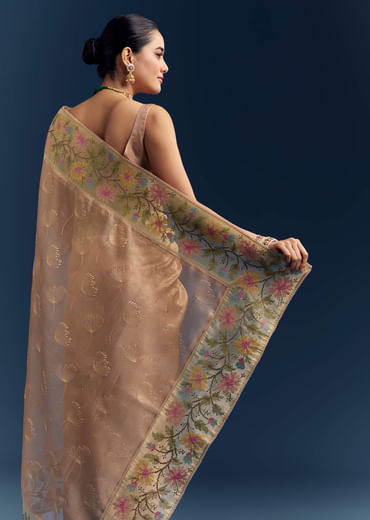 Peach Tissue Chanderi Silk Saree With Floral Resham Work