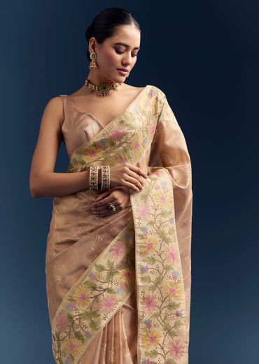 Peach Tissue Chanderi Silk Saree With Floral Resham Work