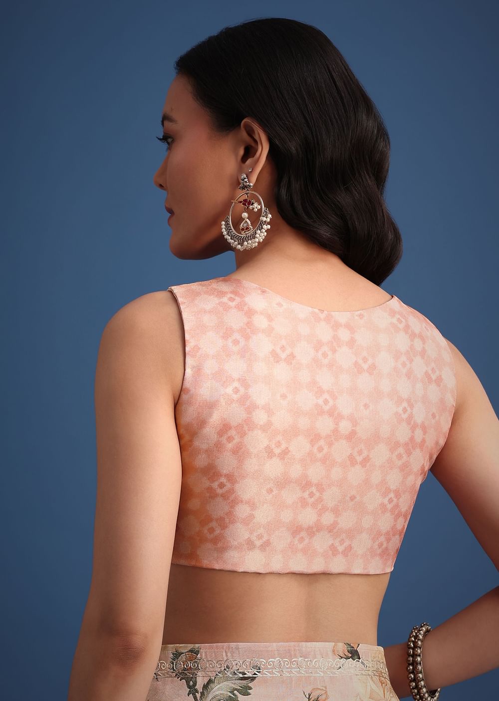 Peach Tissue Muslin Digital Print Saree With Pitta Work Border