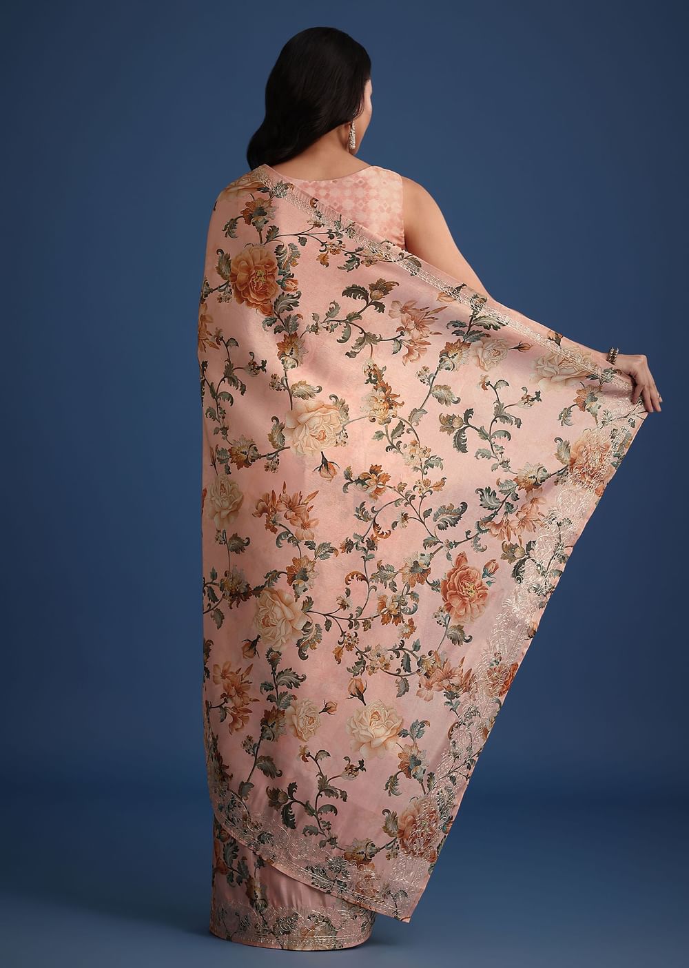 Peach Tissue Muslin Digital Print Saree With Pitta Work Border