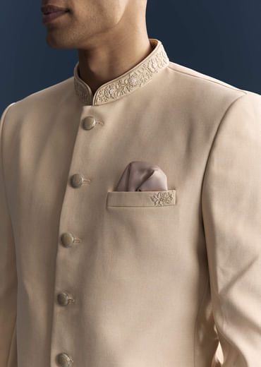 Peach Viscose Jodhpuri Suit For Men With Hand Embroidery