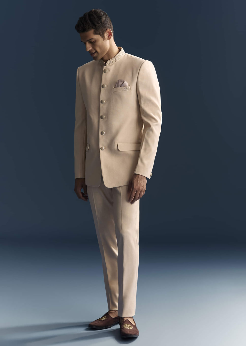 Peach Viscose Jodhpuri Suit For Men With Hand Embroidery