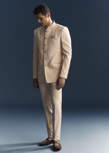 Peach Viscose Jodhpuri Suit For Men With Hand Embroidery