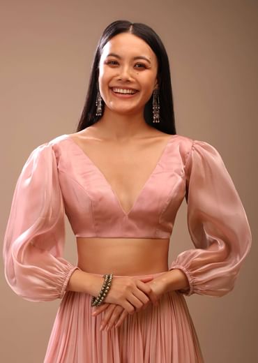 Peach skin Blouse In Organza With Plunging V Neckline And Three Quarter Balloon Sleeves