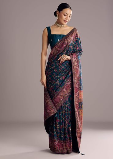 Peacock Blue Dola Silk Saree With Floral Jaal Weave