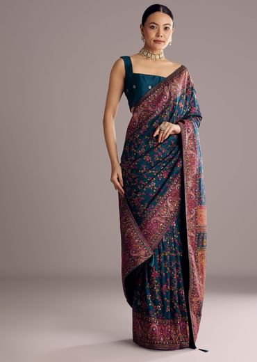 Peacock Blue Dola Silk Saree With Floral Jaal Weave