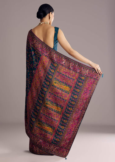 Peacock Blue Dola Silk Saree With Floral Jaal Weave