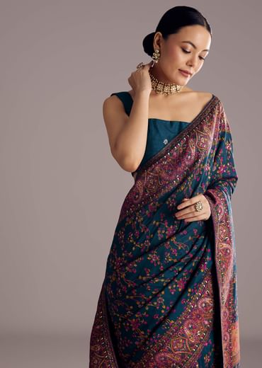 Peacock Blue Dola Silk Saree With Floral Jaal Weave