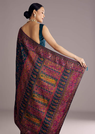 Peacock Blue Dola Silk Saree With Floral Jaal Weave