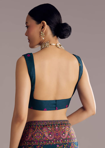 Peacock Blue Dola Silk Saree With Floral Jaal Weave