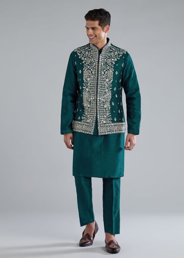 Peacock Blue Kurta Jacket Set With Mirror Thread And Resham Detailing