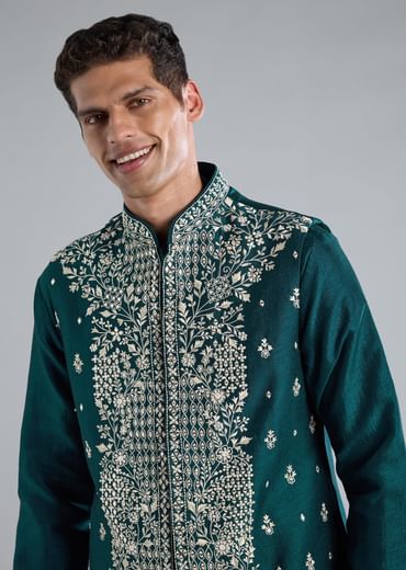 Peacock Blue Kurta Jacket Set With Mirror Thread And Resham Detailing