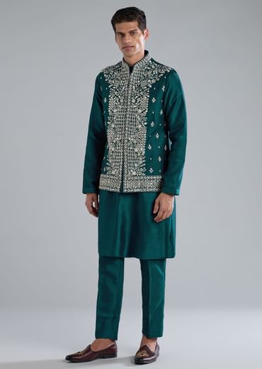 Peacock Blue Kurta Jacket Set With Mirror Thread And Resham Detailing
