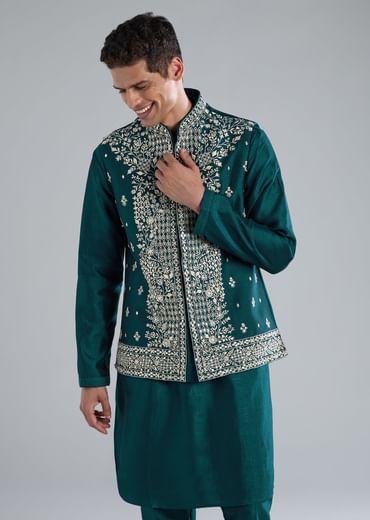 Peacock Blue Kurta Jacket Set With Mirror Thread And Resham Detailing