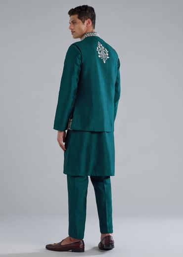 Peacock Blue Kurta Jacket Set With Mirror Thread And Resham Detailing