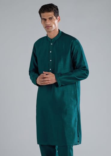 Peacock Blue Kurta Jacket Set With Mirror Thread And Resham Detailing