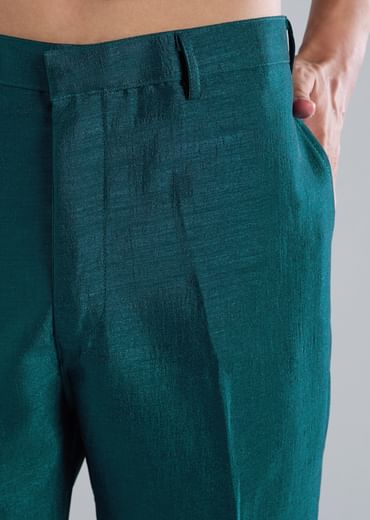 Peacock Blue Kurta Jacket Set With Mirror Thread And Resham Detailing