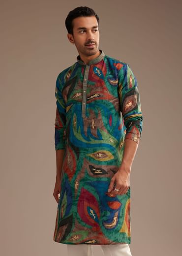 Peacock Blue Multi Color Silk Abstract Printed Kurta Set