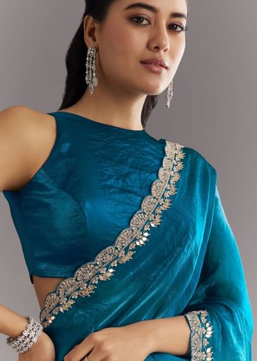 Peacock Blue Satin Saree With Gota Patti Embroidery And Scallop Border