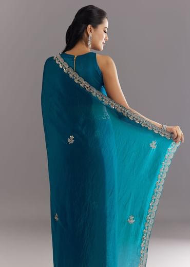 Peacock Blue Satin Saree With Gota Patti Embroidery And Scallop Border