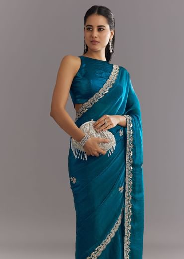 Peacock Blue Satin Saree With Gota Patti Embroidery And Scallop Border