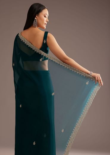 Peacock Green Organza Saree With Cutdana And Sequins Border
