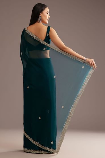Peacock Green Organza Saree With Cutdana And Sequins Border