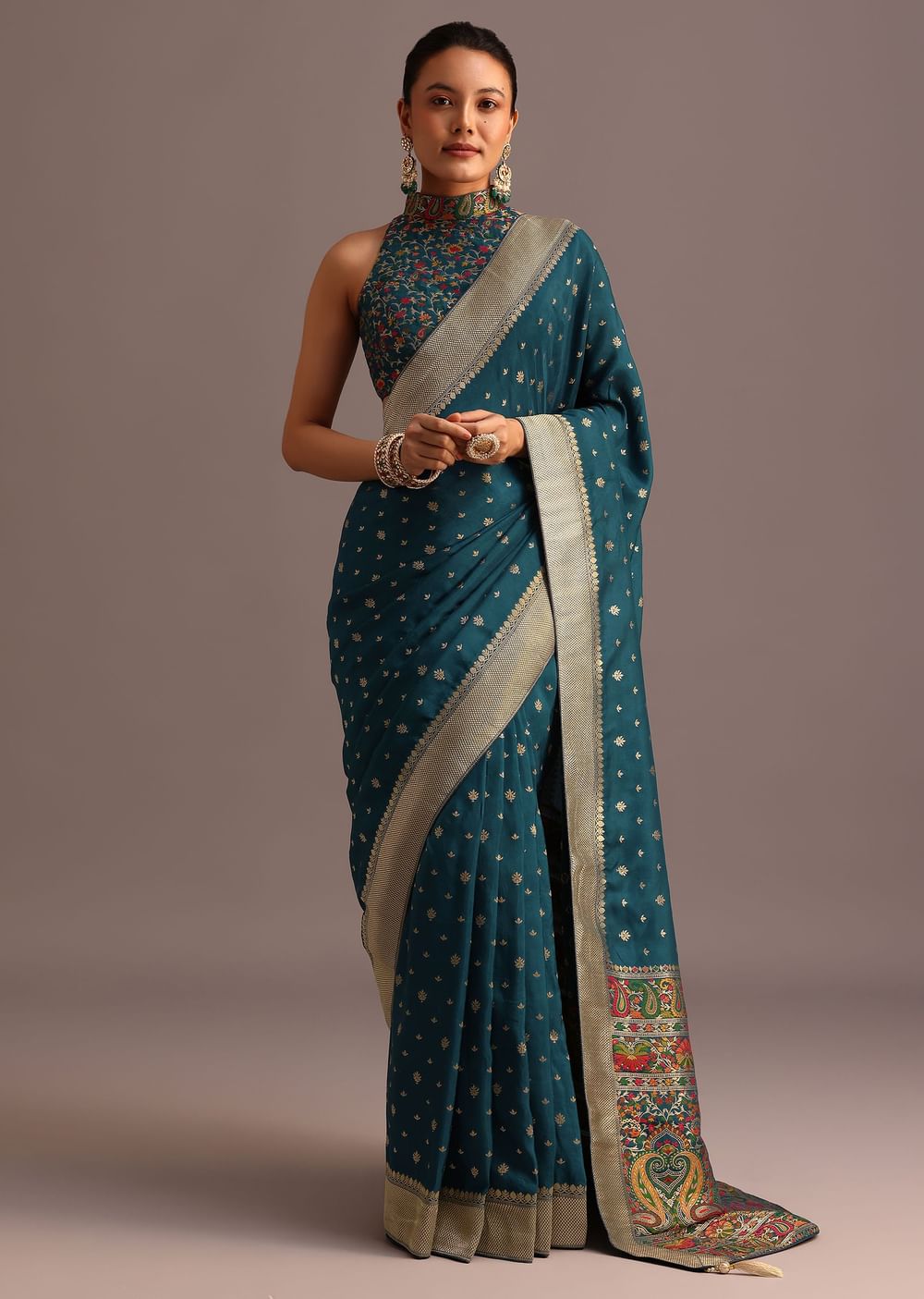 Peacock Blue Dola Silk Bandhani Saree With Meenakari Border Pallu And Unstitched Blouse