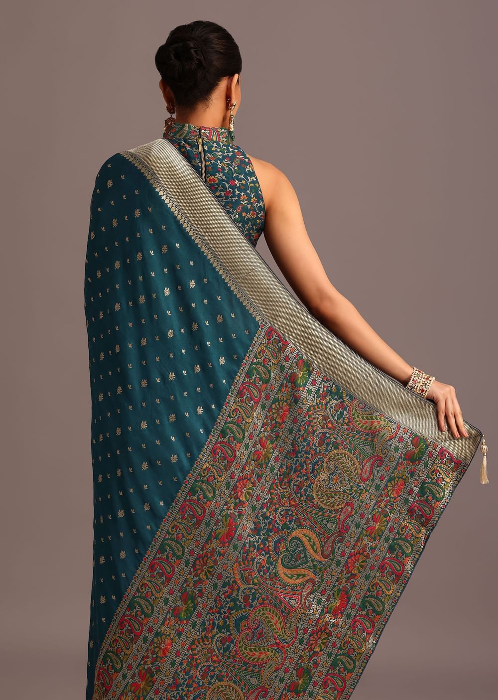 Peacock Blue Dola Silk Bandhani Saree With Meenakari Border Pallu And Unstitched Blouse