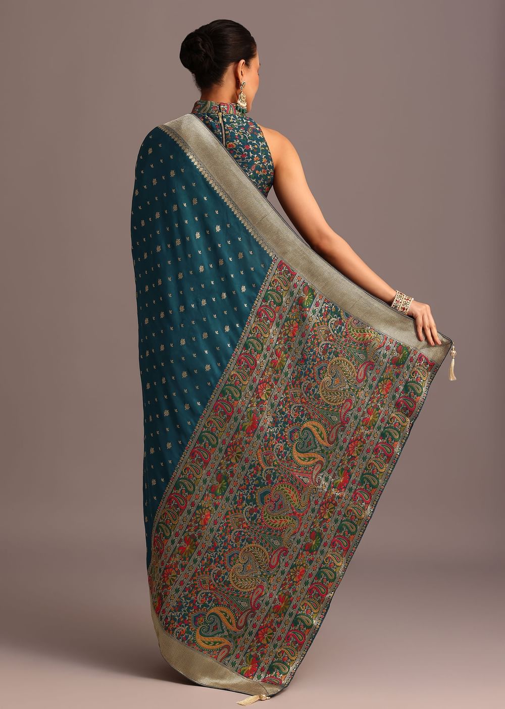 Peacock Blue Dola Silk Bandhani Saree With Meenakari Border Pallu And Unstitched Blouse