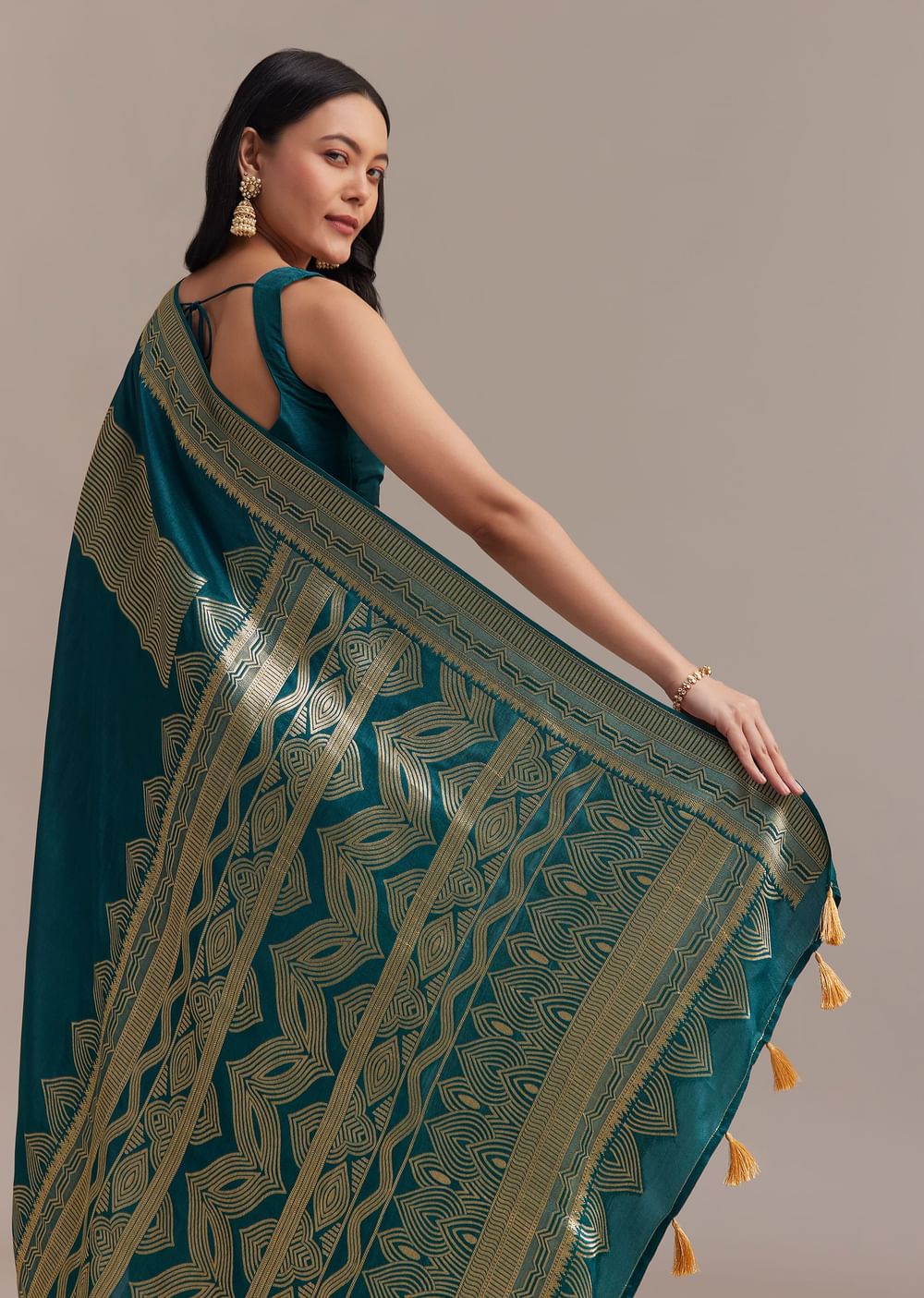 Peacock Blue Dola Silk Saree With All Over Zari Weaving