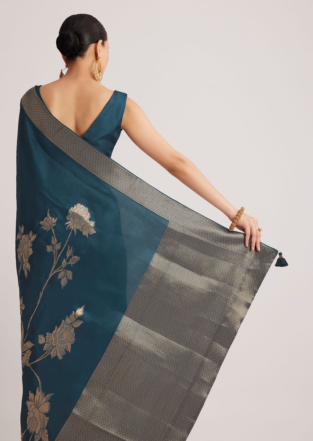 Peacock Blue Dola Silk Saree With Floral Motif