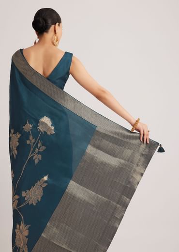 Peacock Blue Dola Silk Saree With Floral Motif