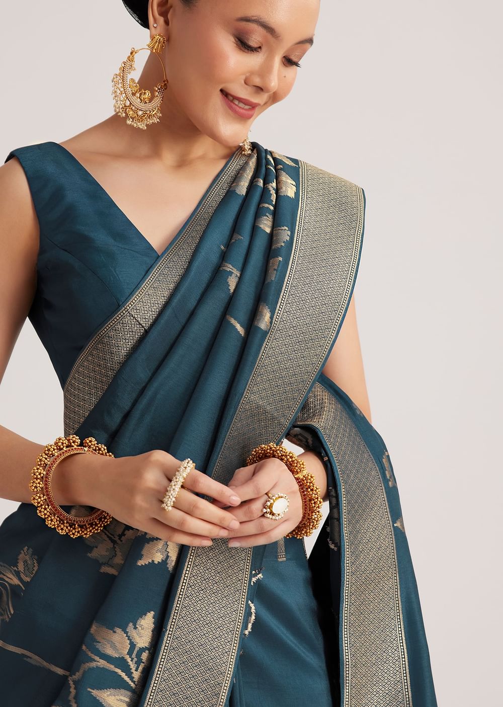 Peacock Blue Dola Silk Saree With Floral Motif