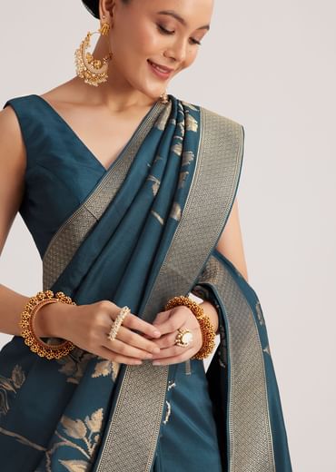 Peacock Blue Dola Silk Saree With Floral Motif