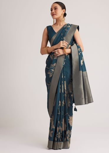 Peacock Blue Dola Silk Saree With Floral Motif