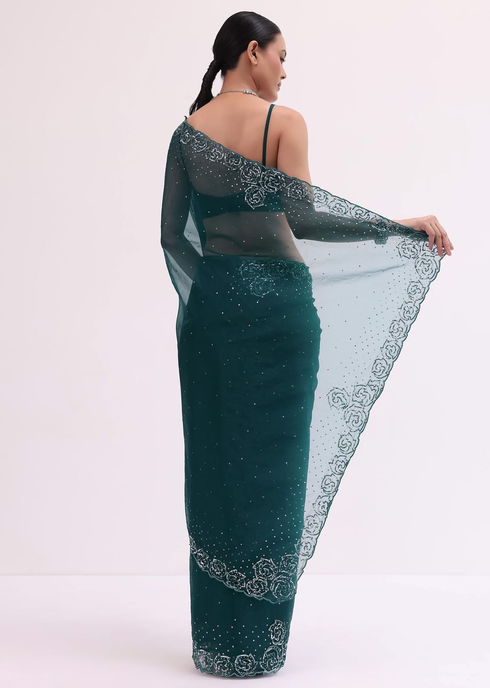 Peacock Blue Embroidered Saree With Unstitched Blouse